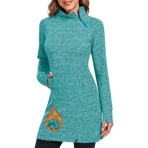 Women Fleece Dress Running Sweatshirt Dress Thumb Holes Pocket Zip-Peacock Blue